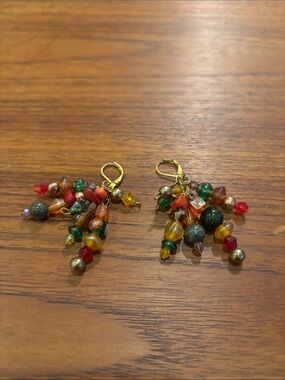 Hand Crafted Multicolor Bead Cluster Drop Earrings - Green, Red, Amber, Gold